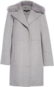 Kenneth Cole Womens Faux-Fur-Collar Single-Breasted Coat Large Grey Wool