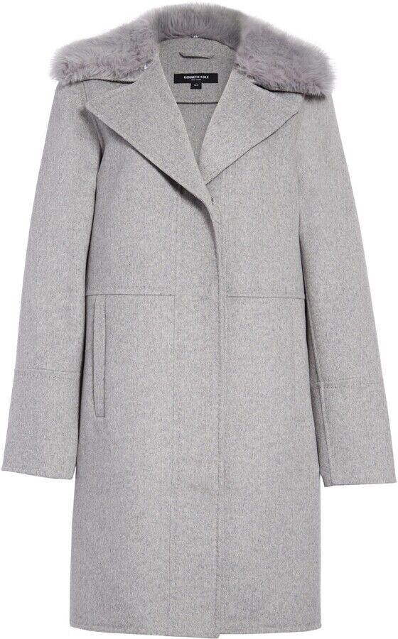 Kenneth Cole Womens Faux-Fur-Collar Single-Breasted Coat Large Grey Wool