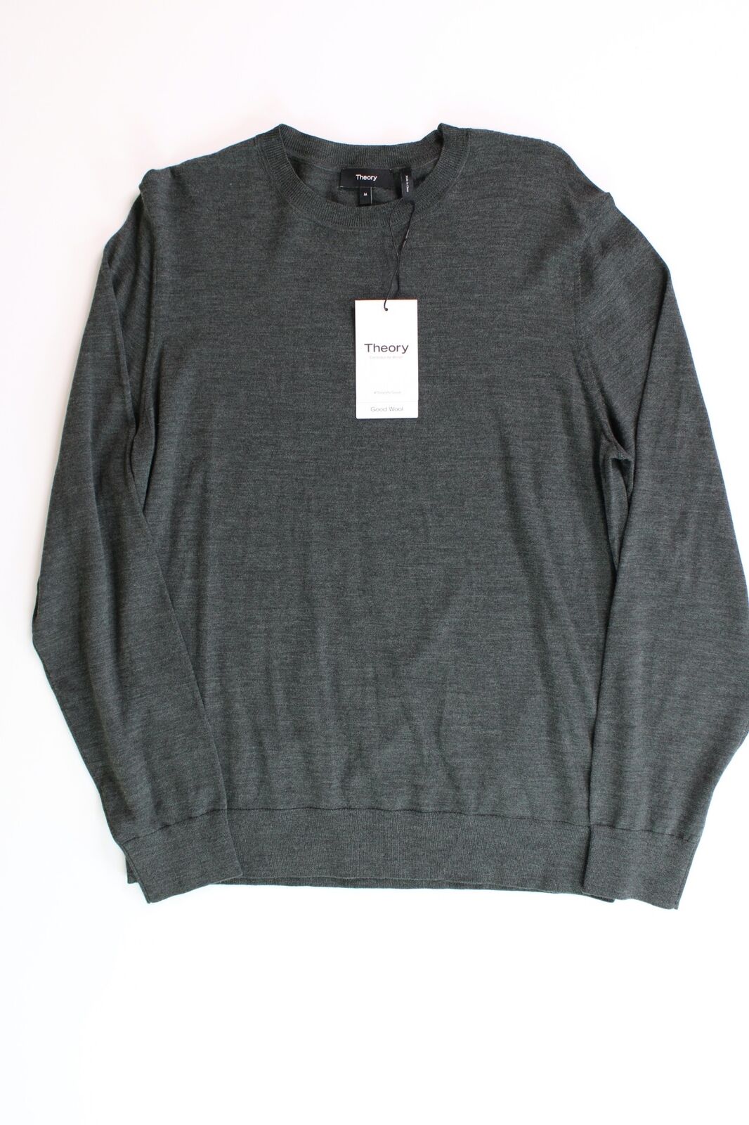 Theory Mens Regal Wool Crewneck Sweater Medium Olive Green Melange
