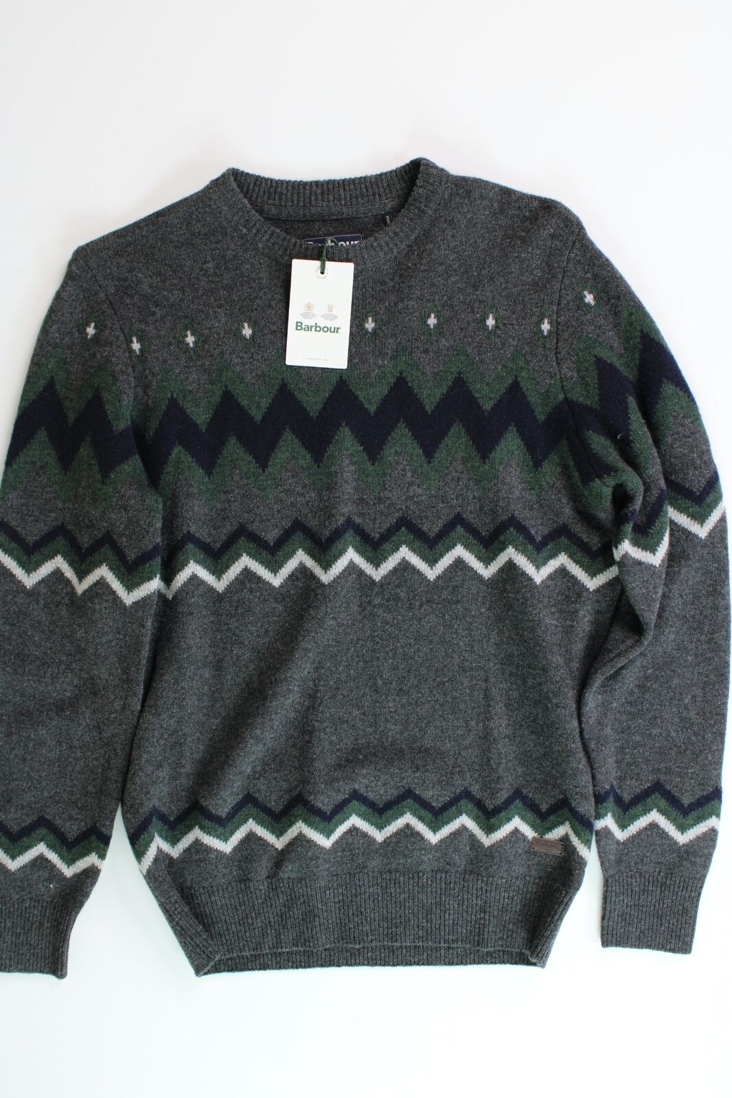 Barbour Mens Regis Fair Isle Crewneck Wool Sweater Small Grey Blue Green