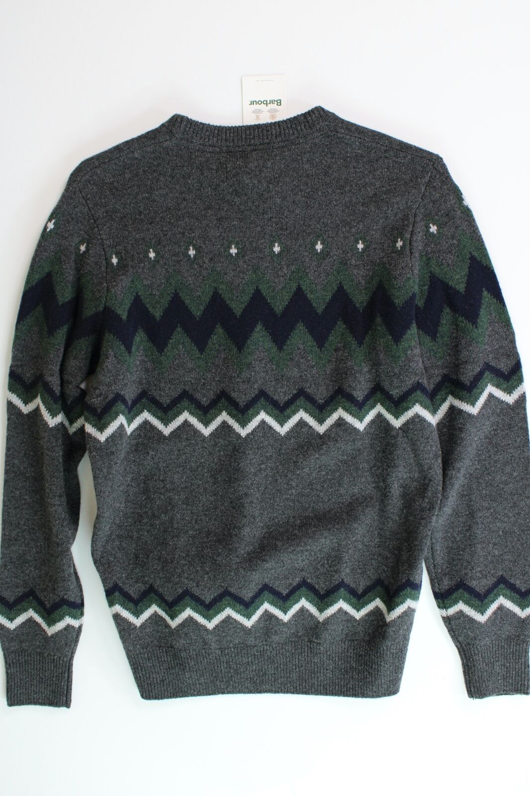 Barbour Mens Regis Fair Isle Crewneck Wool Sweater Small Grey Blue Green