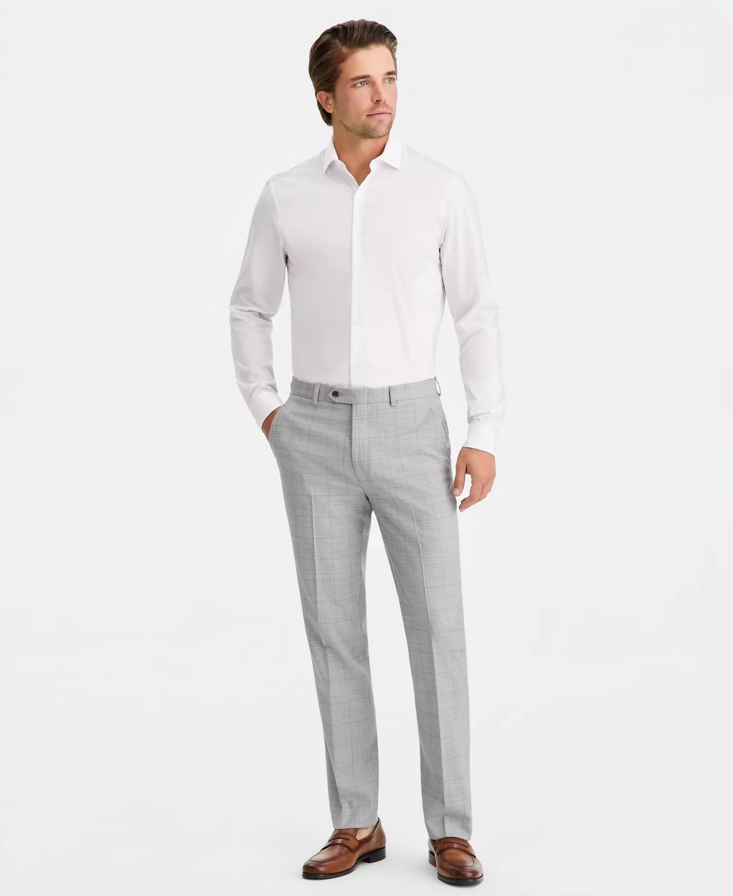 Calvin Klein Mens Slim fit Wool Dress Pant 28 / 29 Light Grey Windowpane Plaid