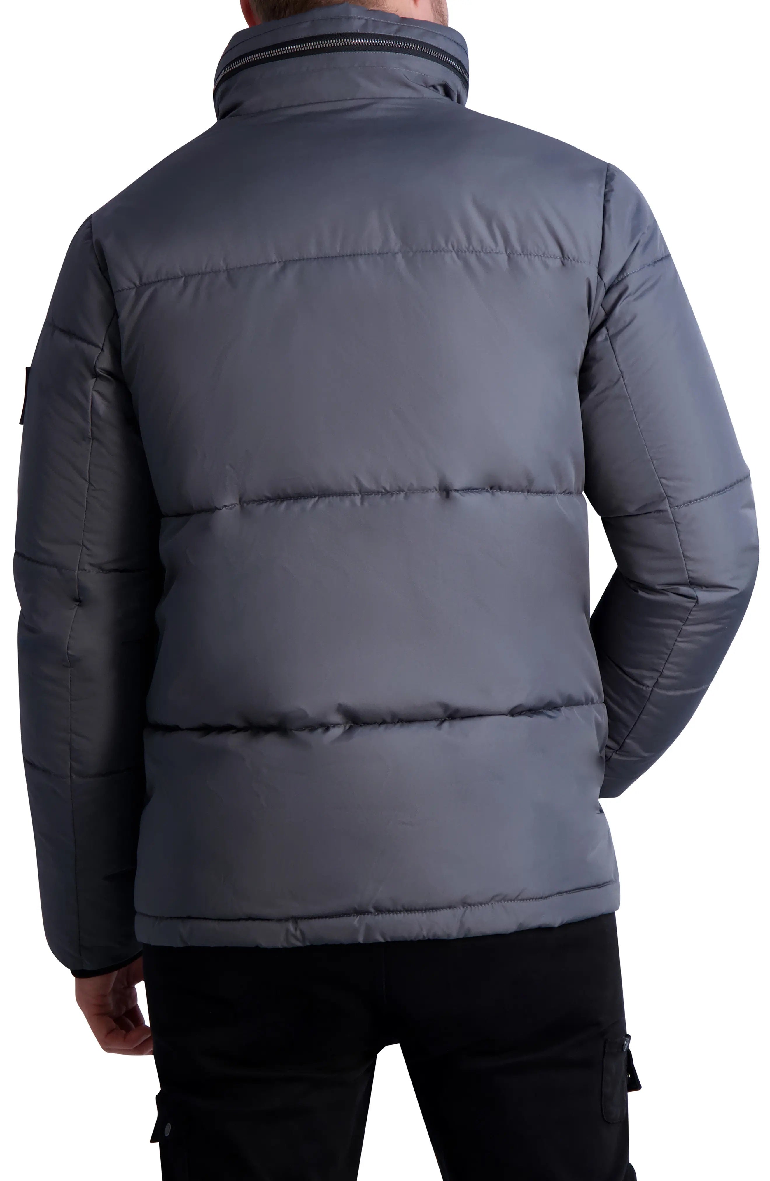 Karl Lagerfeld Paris Men's Hidden Hood Faux Down Jacket Grey Medium