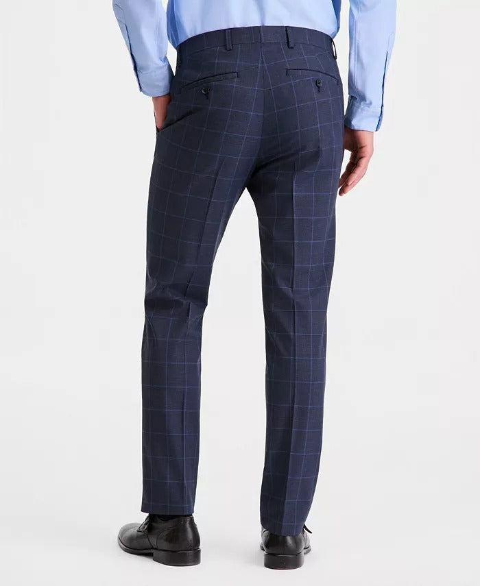 Kenneth Cole Mens Slim fit Dress Pants 34 / 30 Navy Blue Windowpane