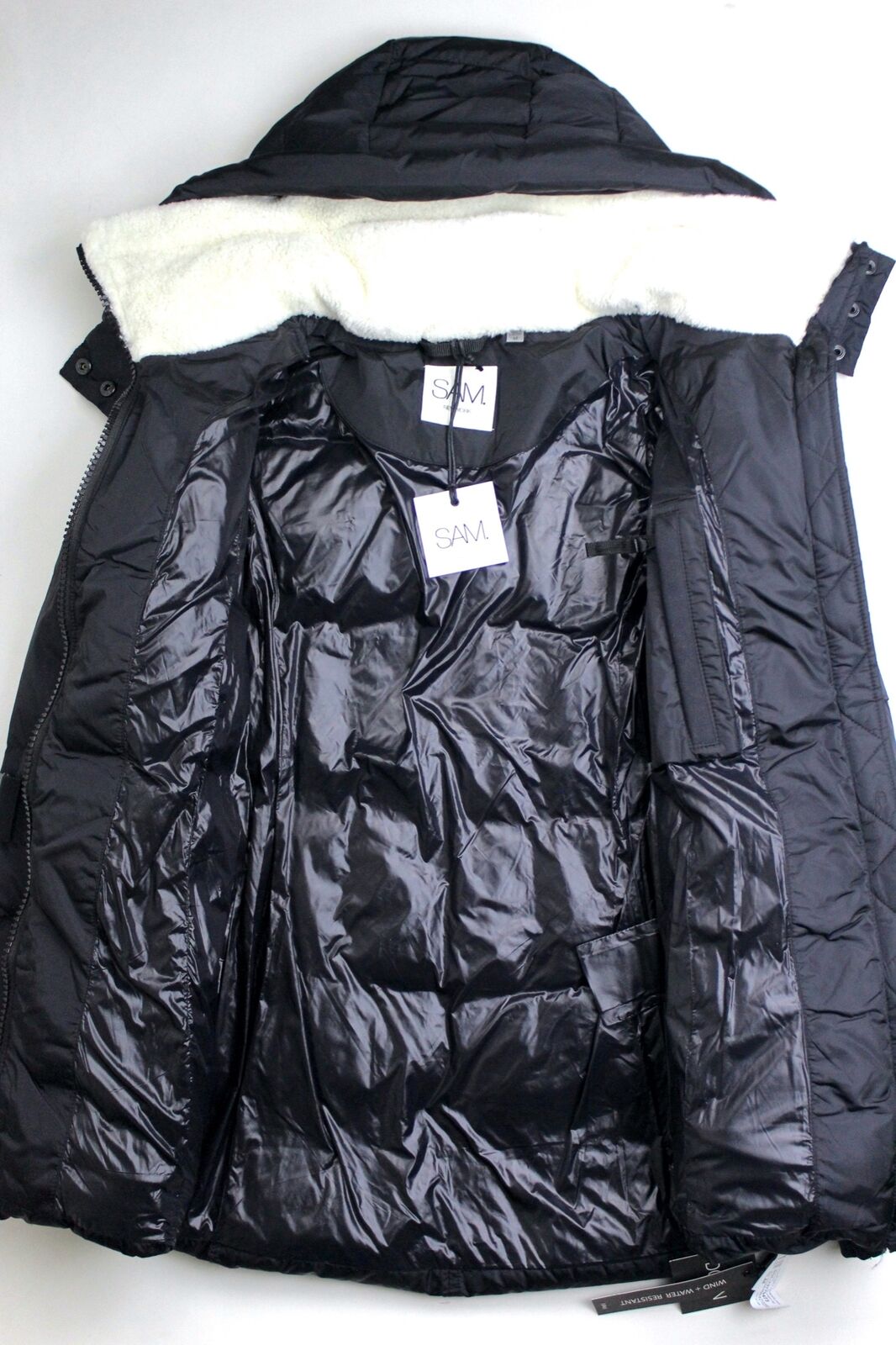 SAM. Womens Puffer Coat Large Black Courtney Shearling Trim Hooded