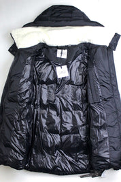 SAM. Womens Puffer Coat Large Black Courtney Shearling Trim Hooded