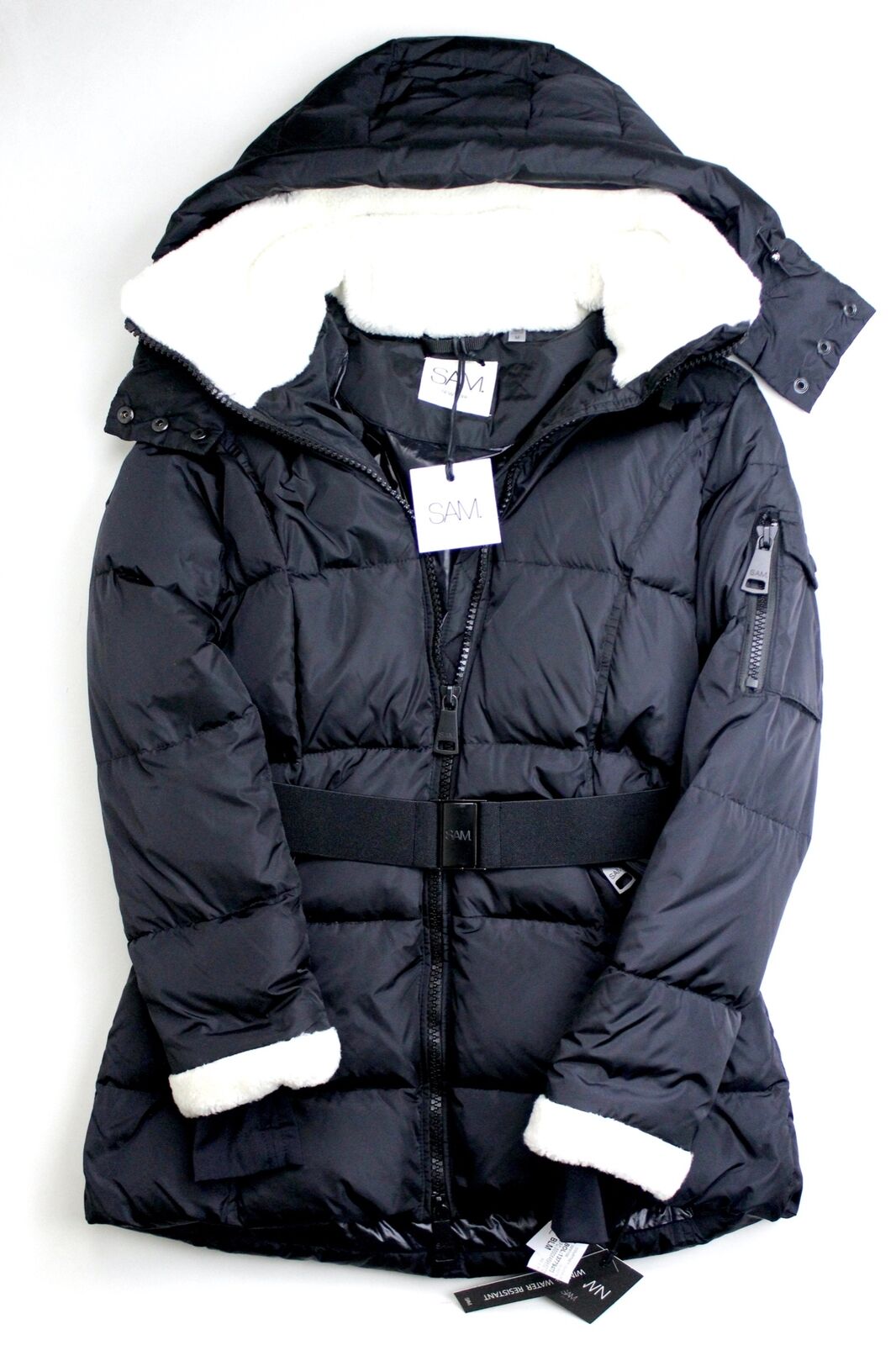 SAM. Womens Puffer Coat Large Black Courtney Shearling Trim Hooded
