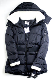 SAM. Womens Puffer Coat Large Black Courtney Shearling Trim Hooded