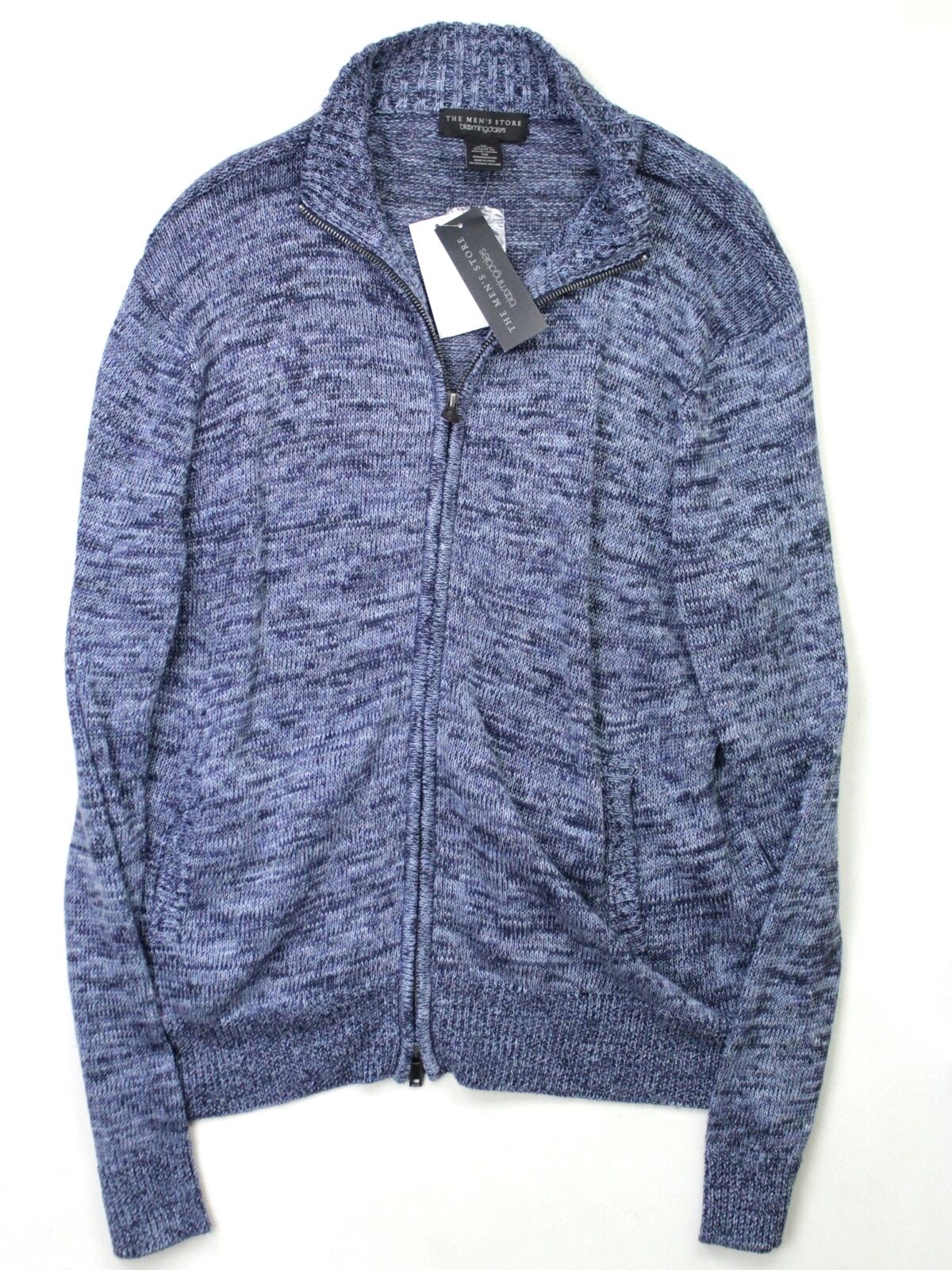 The Mens Store Bloomingdales Linen Melange Knit Full Zip Sweater 2XL Navy Blue