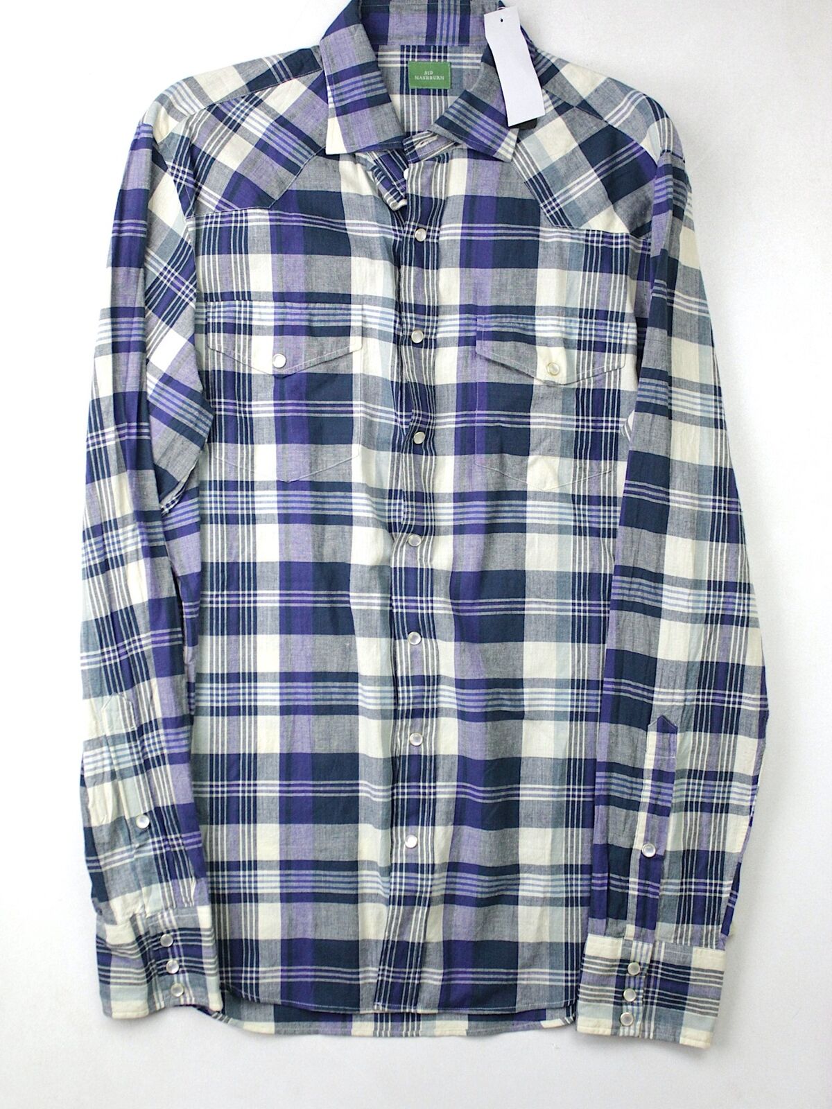 Sid Mashburn Men's Cotton Snap Western Shirt Blue Plaid Size XL Slim Fit