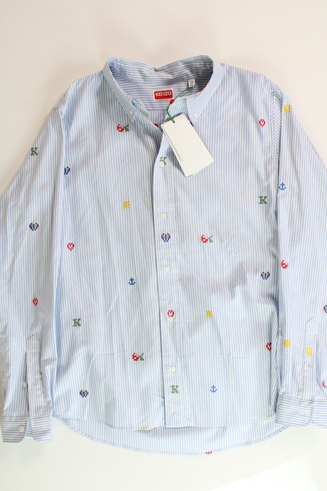 Kenzo Mens Extra Slim Fit Pixel Stripe Button-Down Shirt 16.5 / 42 Blue