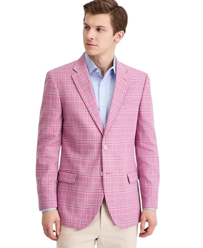 Nautica Mens Modern fit Linen Cotton Sport Coat Blazer 44 L Pink Plaid
