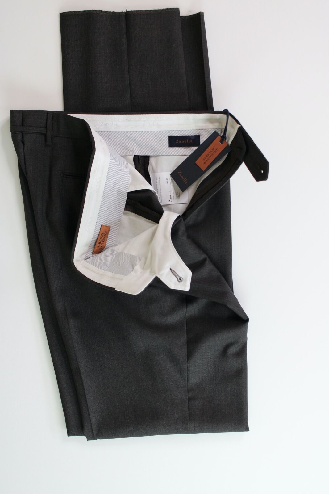 Zanella Regular Fit Parker Flat Front Sharkskin Wool Dress Pants Size 38 Brown