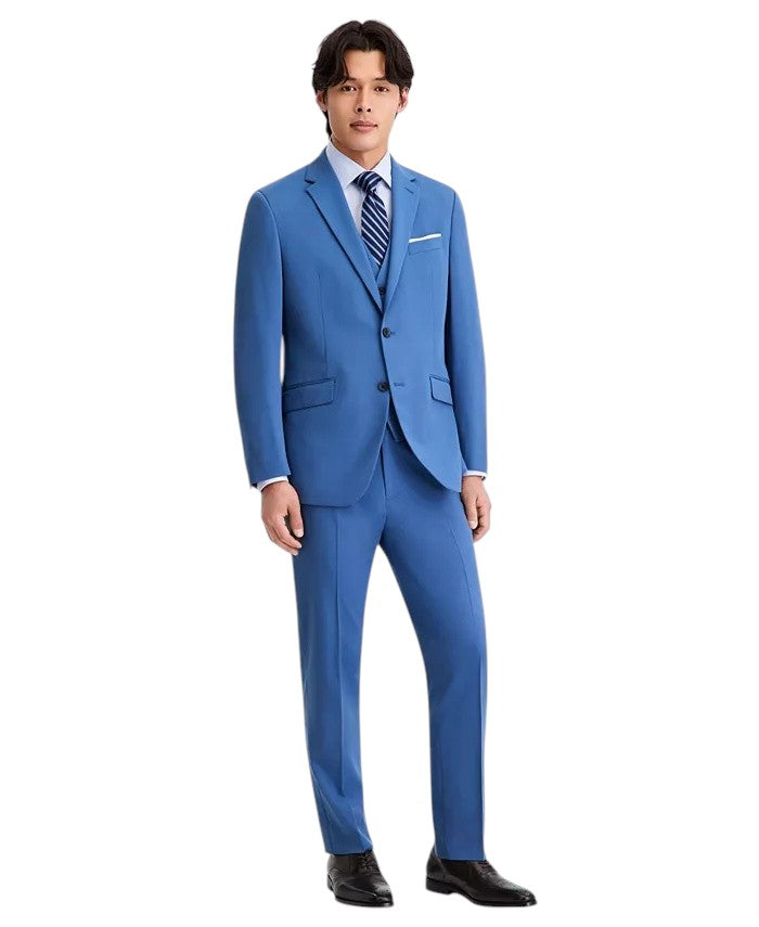 Kenneth Cole Mens Slim fit 3 Piece Vested Suit 38 R Pants 31 / 32 Blue Solid