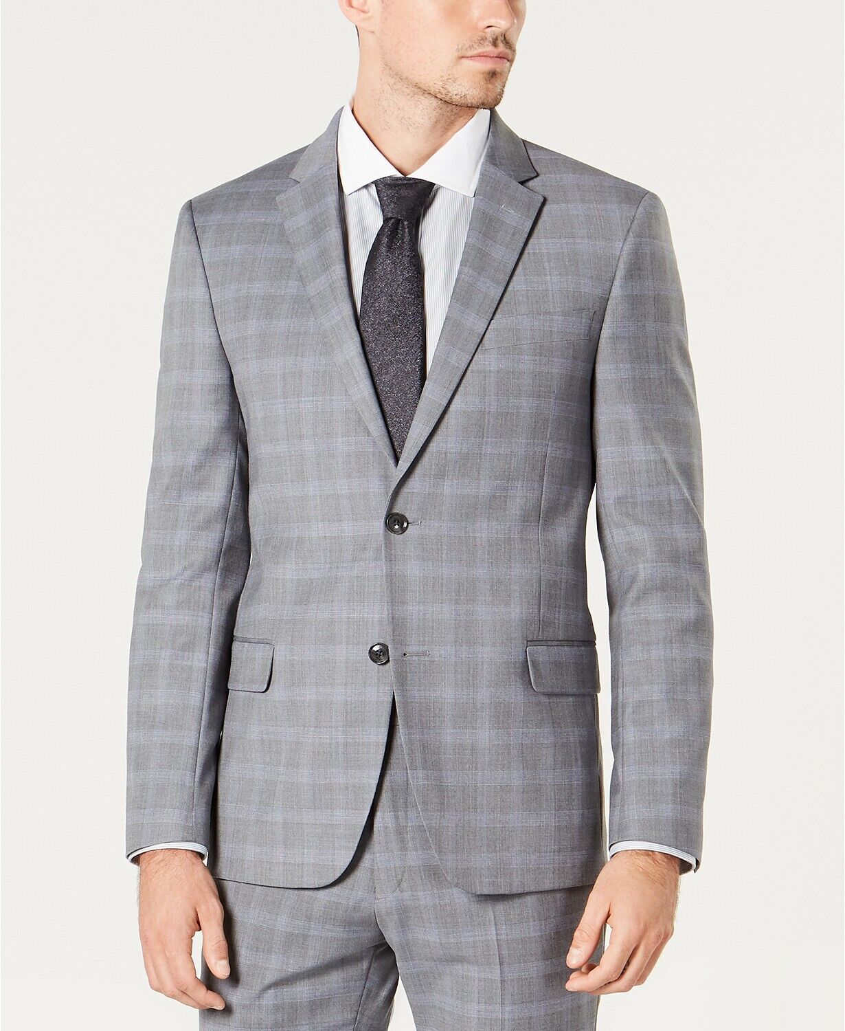 Tommy Hilfiger Suit Jacket ONLY 38L Modern-Fit TH Flex Stretch Gray Blue Plaid