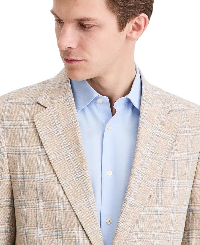 Nautica Mens Modern fit Linen Sport Coat Blazer 48 R Tan Blue Plaid