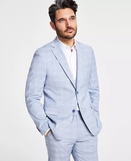 ALFANI Men's Suit Jacket Blue Plaid 46L Slim-Fit Stretch