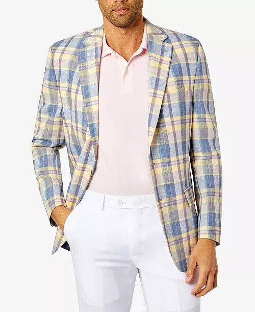 CLUB ROOM Men's Linen Sport Coat Yellow Blue 38L Classic-Fit Plaid