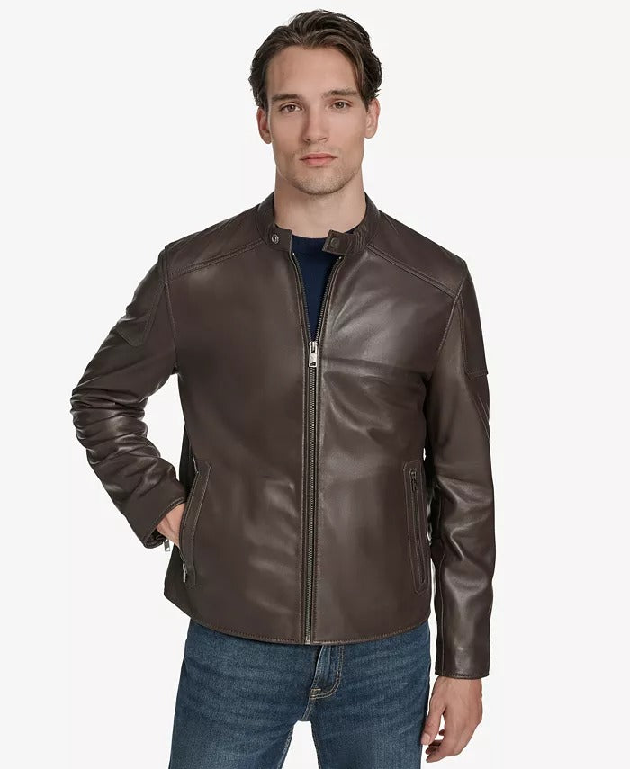 Andrew Marc New York Men's Maitlin Leather Moto Jacket XL Brown