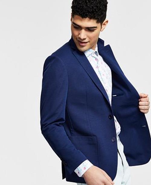 BAR III Men's Navy Blue Sport Coat 44R Slim-Fit Solid Blazer