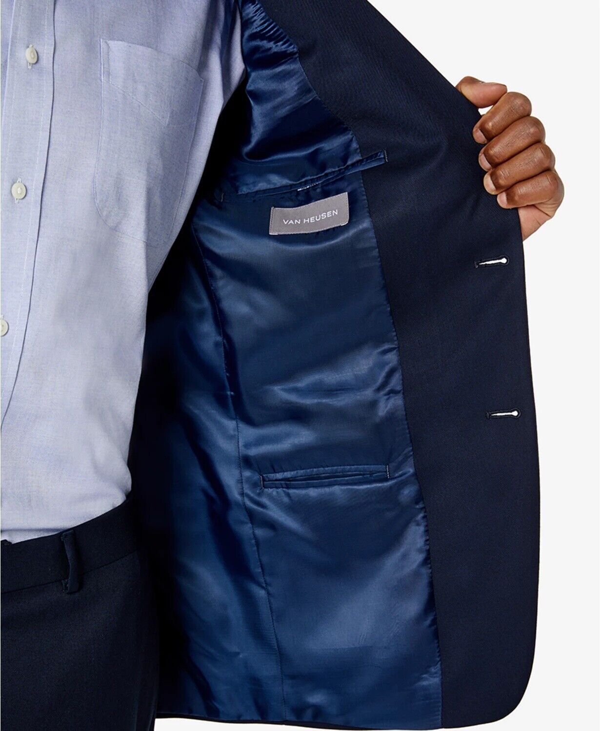 Van Heusen Men Slim Fit fit Suit Jacket Blazer 48 L Navy Blue Solid Stretch