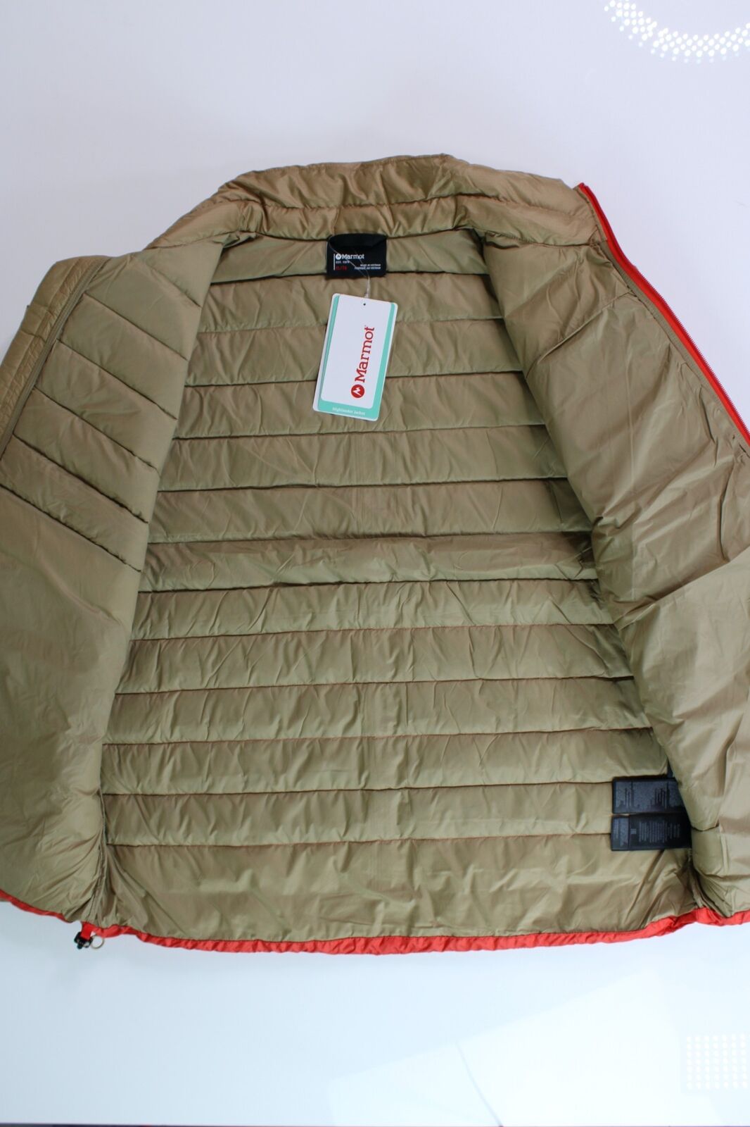 Marmot Men's HIghlander Down Puffer Jacket XL Shetland Tan / Cairo Orange