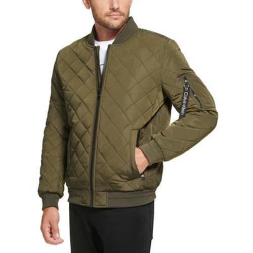CALVIN KLEIN Men's Quilted Baseball Jacket Medium Olive Green Rib Knit Trim