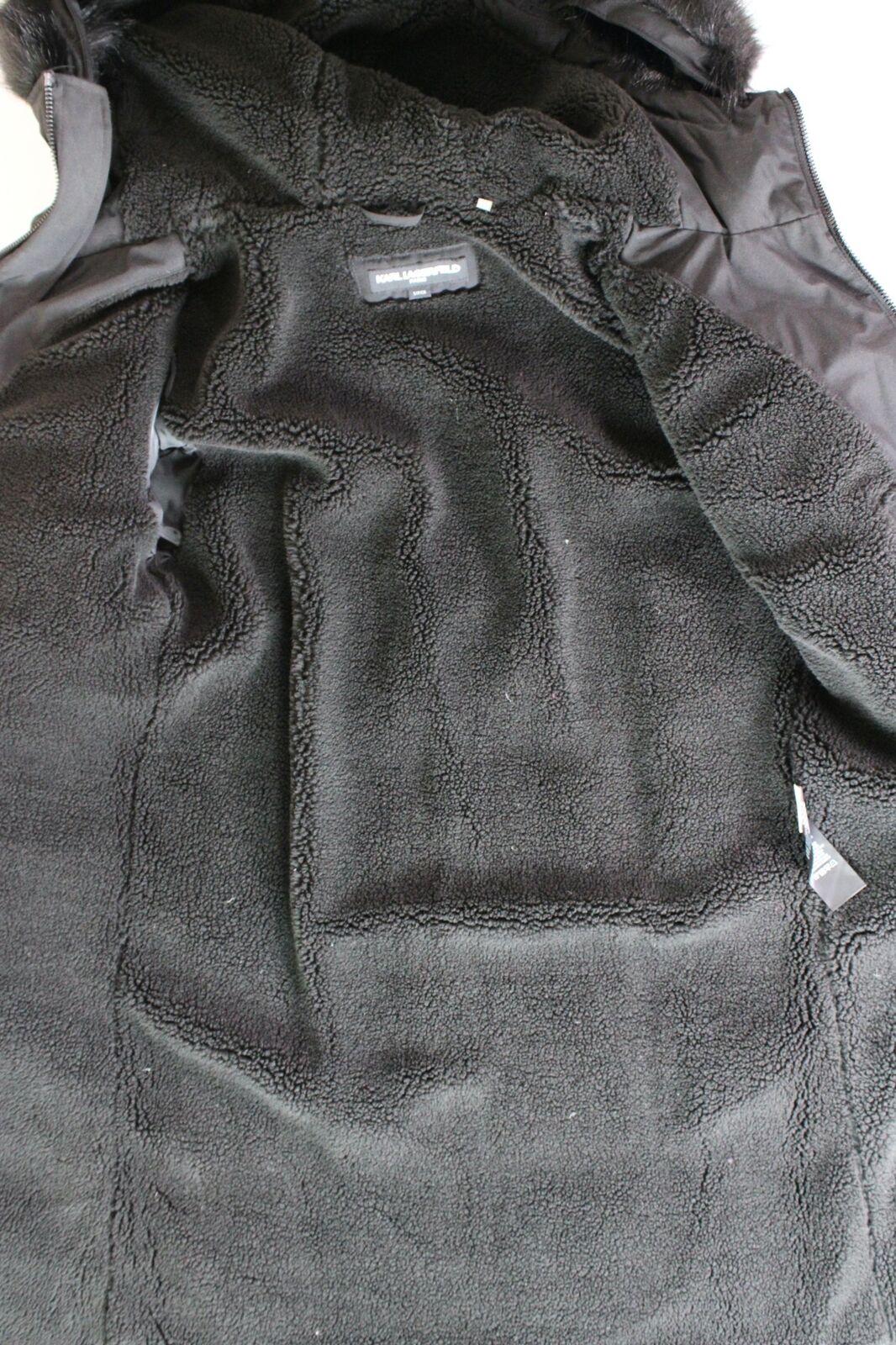 KARL LAGERFELD PARIS Mens Faux Fur-Trimmed DOWN Long Parka Coat Small Black