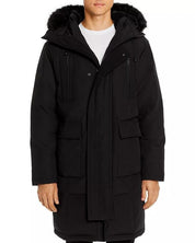 KARL LAGERFELD PARIS Mens Faux Fur-Trimmed DOWN Long Parka Coat Small Black