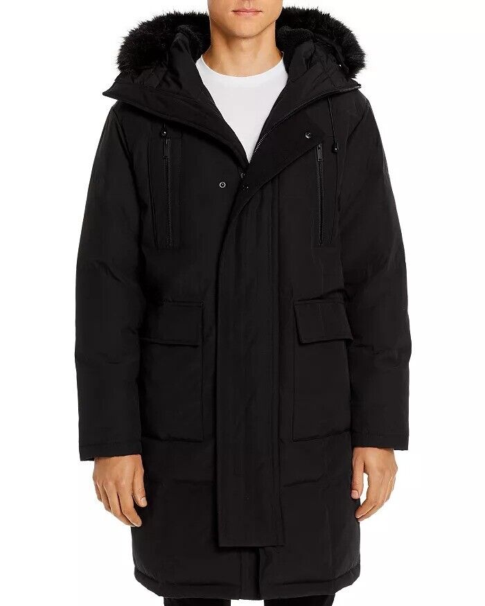 KARL LAGERFELD PARIS Mens Faux Fur-Trimmed DOWN Long Parka Coat Small Black