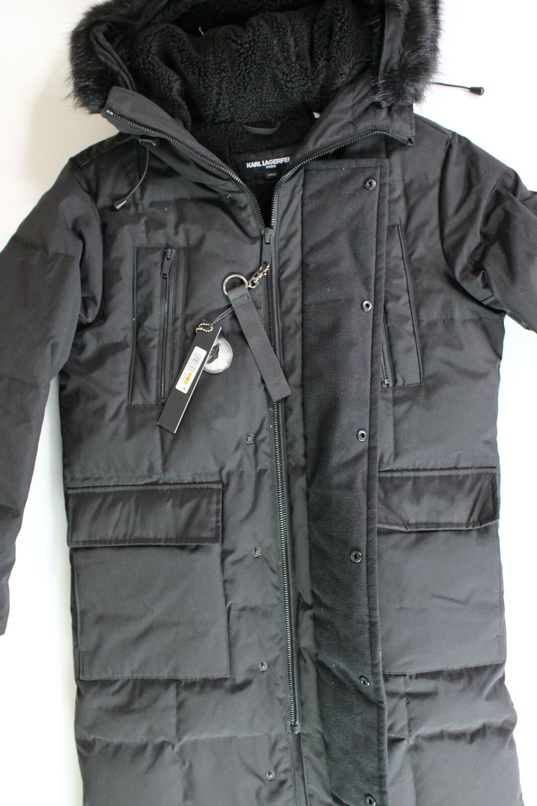 KARL LAGERFELD PARIS Mens Faux Fur-Trimmed DOWN Long Parka Coat Small Black