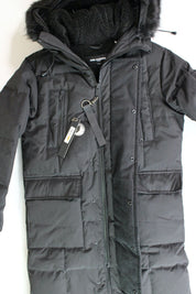 KARL LAGERFELD PARIS Mens Faux Fur-Trimmed DOWN Long Parka Coat Small Black