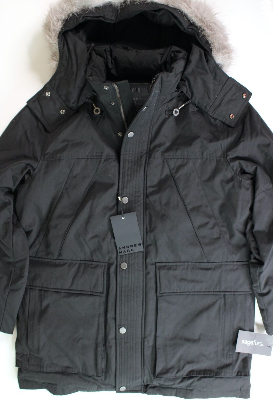 Andrew Marc Men's Amersham Fox Fur-Trim Down Parka Coat Medium Black