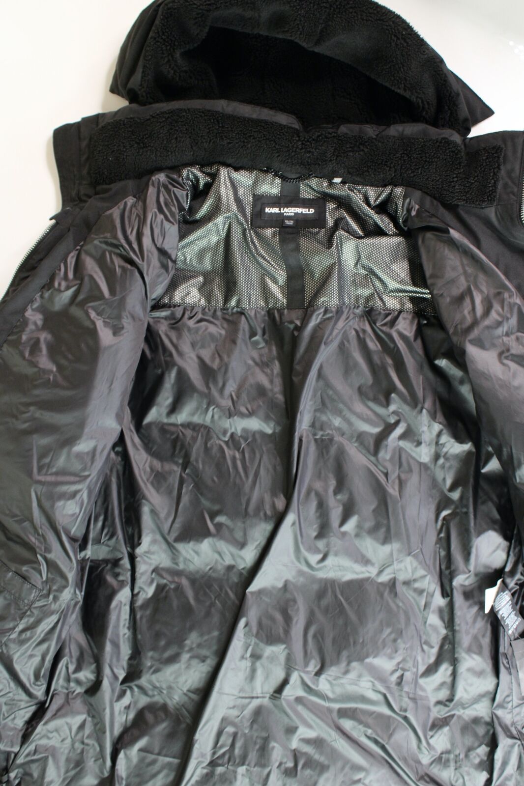 KARL LAGERFELD PARIS Quilted Fleece Lined Hooded Parka Coat XXL Black NO FUR