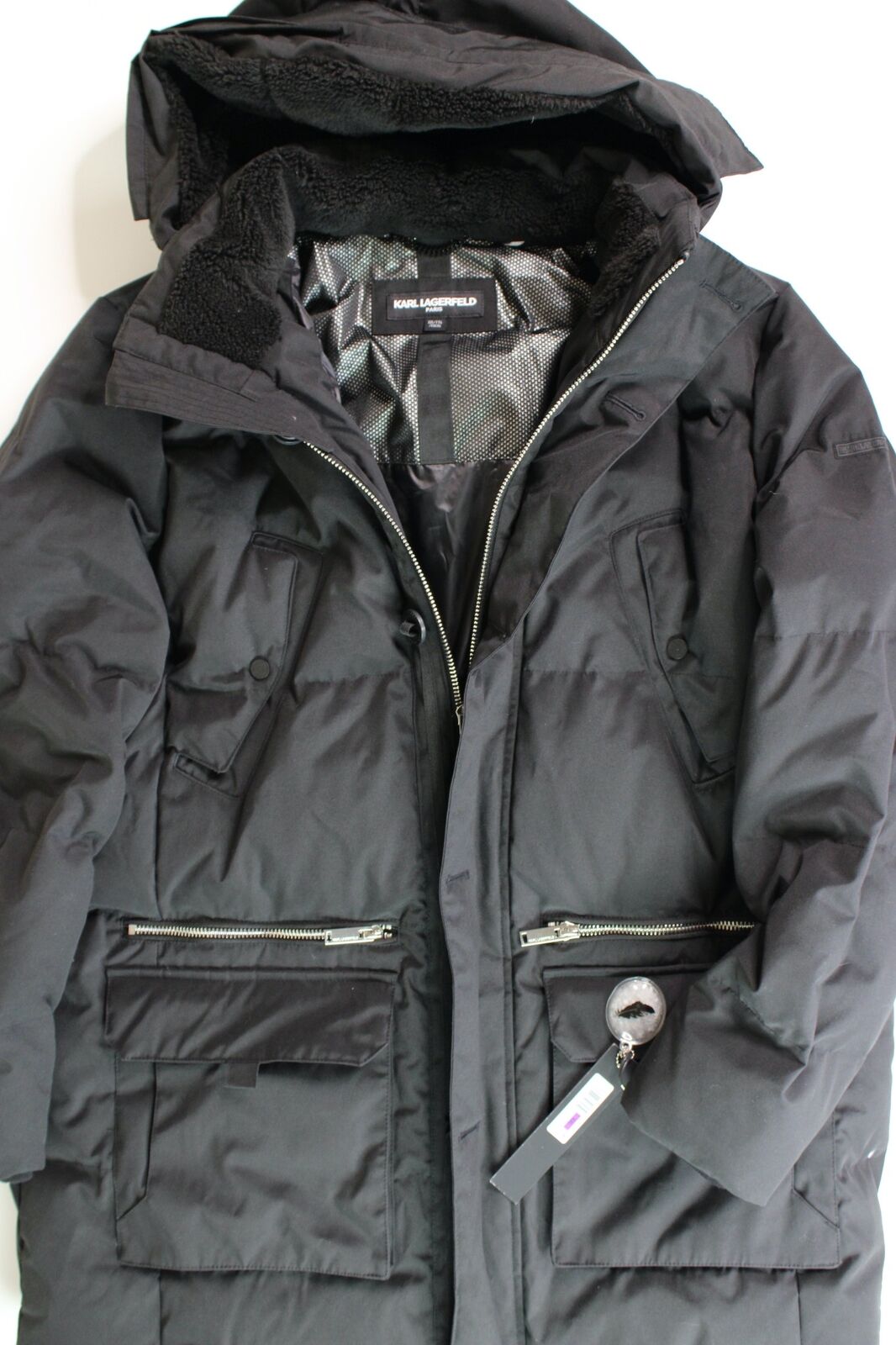 KARL LAGERFELD PARIS Quilted Fleece Lined Hooded Parka Coat XXL Black NO FUR