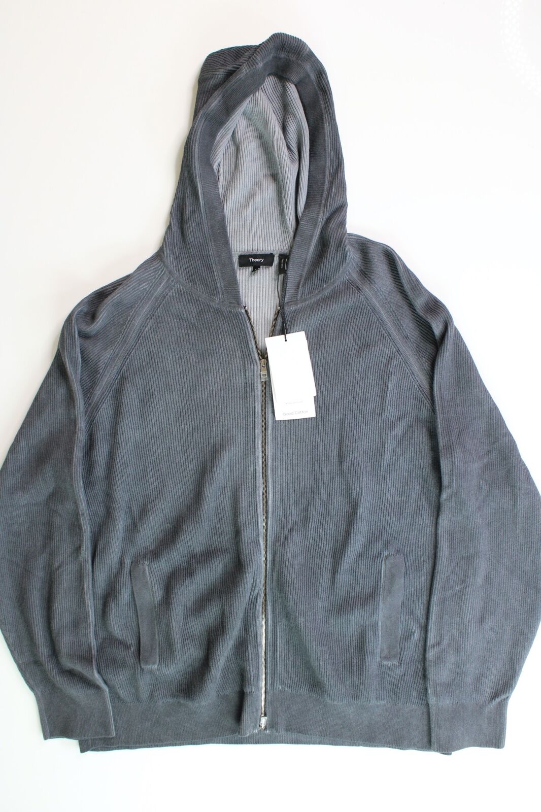 Theory Mens Jaipur Cotton Blend Ribbed Knit Full Zip Hooded Sweratshirt XL Grey