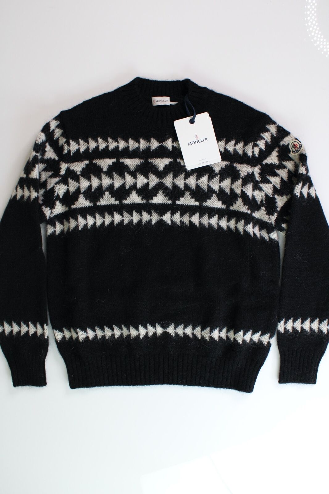 Moncler Mens Geometric Crewneck Sweater Large Black Mohair