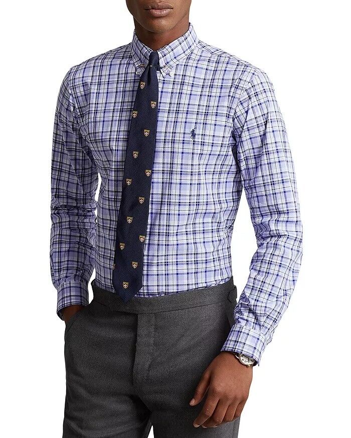 Polo Ralph Lauren Mens Classic Fit Plaid Button Stretch Poplin Shirt Small Blue