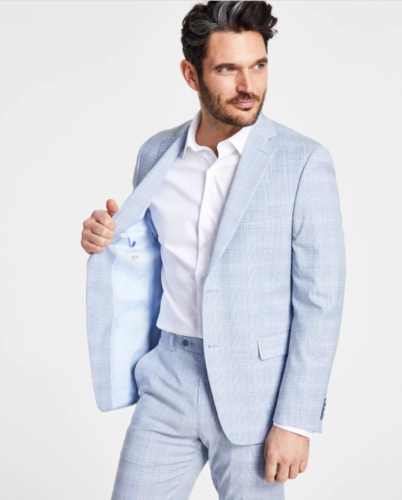 Alfani Mens Slim fit Suit Jacket Blazer 38 L Light Blue Plaid Stretch