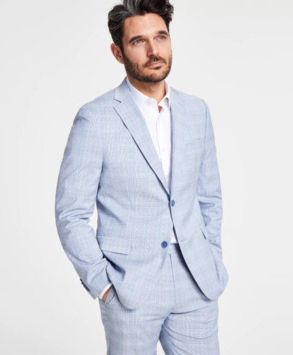Alfani Mens Slim fit Suit Jacket Blazer 36 S Light Blue Plaid Stretch