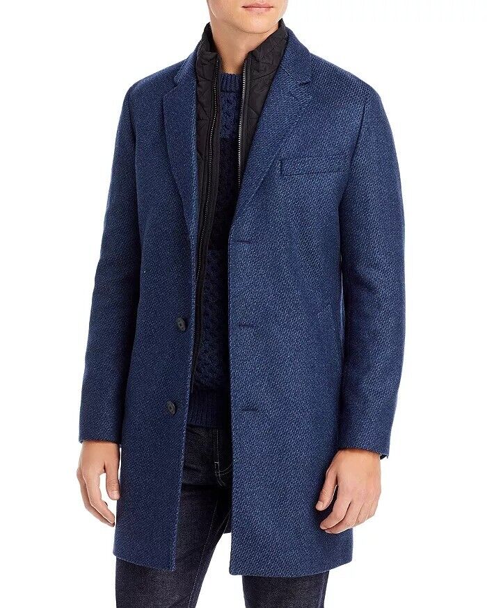 Hugo Boss Mens Milogan Wool Blend Textured Slim Fit Over Coat 36R Blue