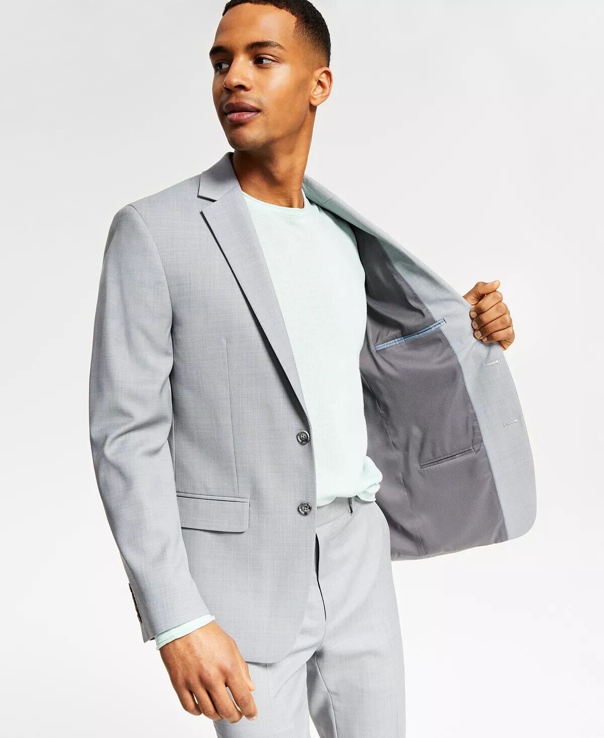 BAR III Men's Skinny-Fit Sharkskin Suit Jacket 38L Light Grey Wool Blend