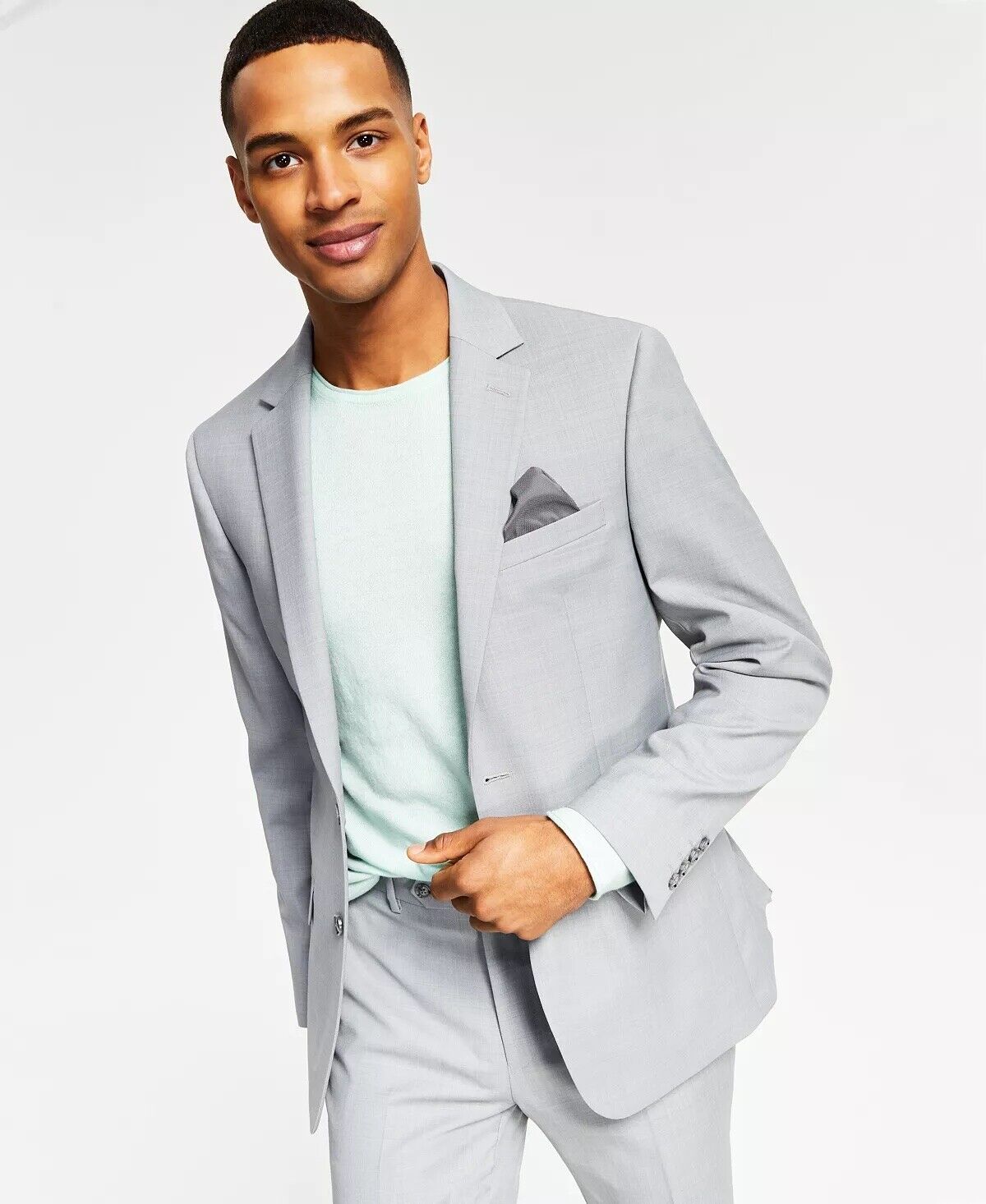 BAR III Men's Skinny-Fit Sharkskin Suit Jacket 38L Light Grey Wool Blend