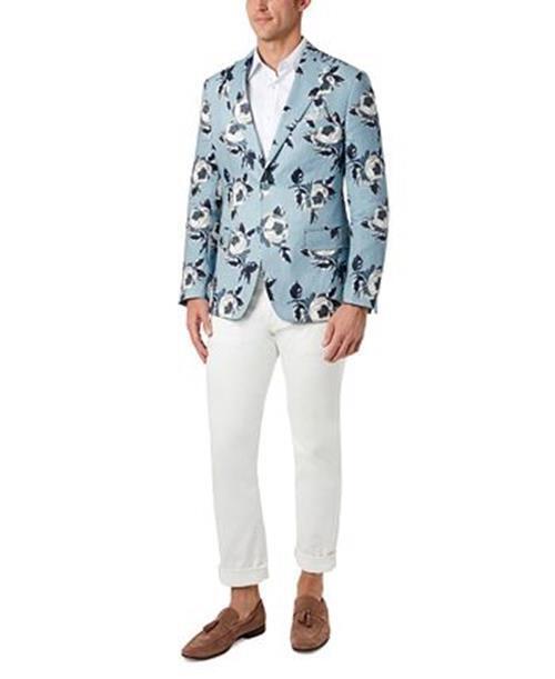 TALLIA Men's Slim-Fit Blue Floral Blazer 46L Blue Linen Sport Coat