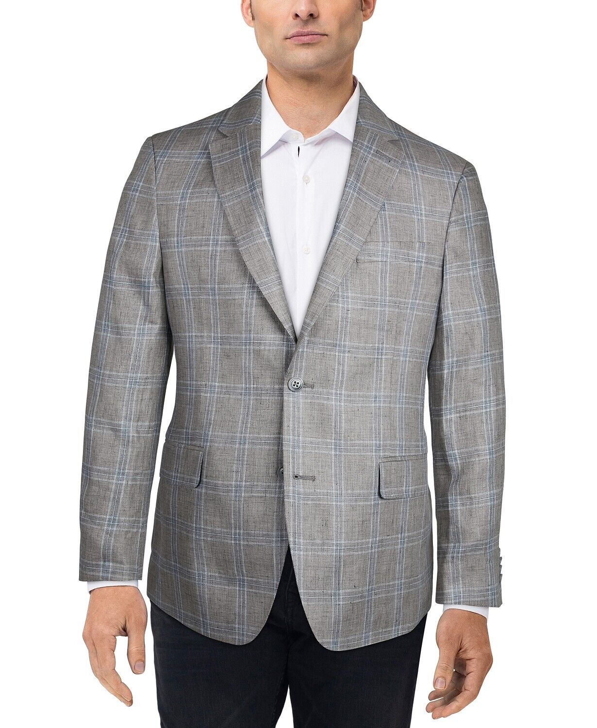 Tommy Hilfiger Men's Modern-Fit Linen Plaid Blazer Sport Coat 44L Taupe / Blue
