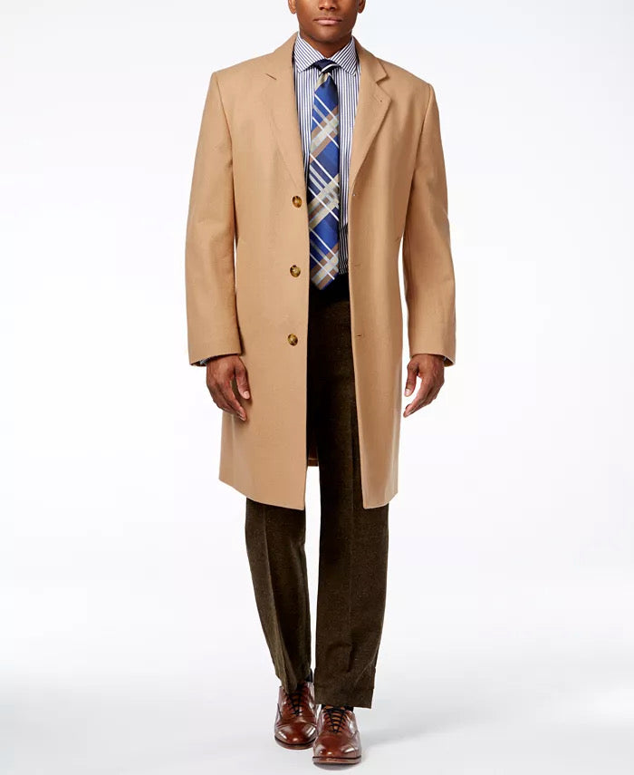 London Fog Signature Mens Wool-Blend Overcoat Coat 36S Camel Brown