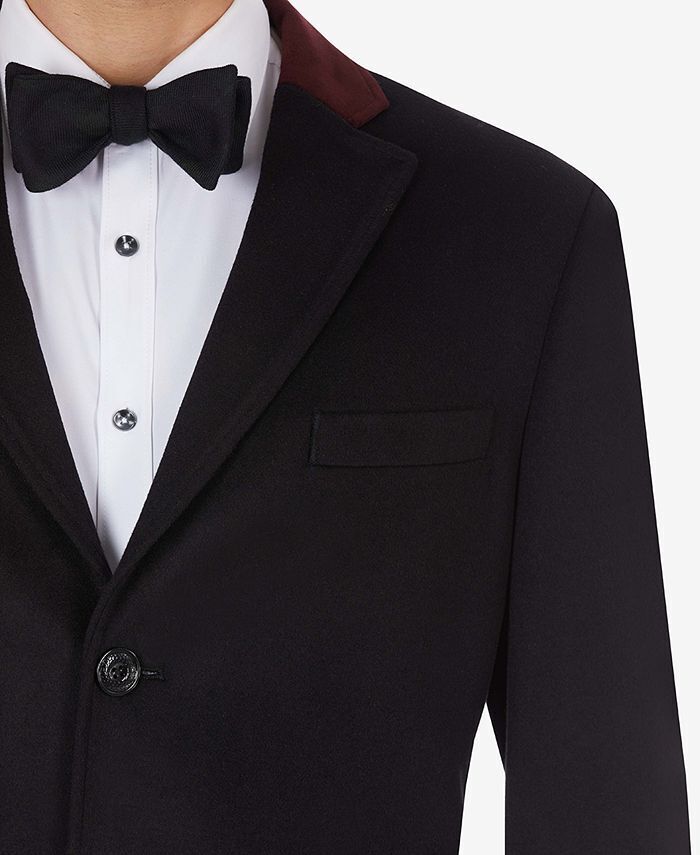 Tallia Mens Wool Blend Contrast Velvet Top Collar Coat Jacket Black  Medium