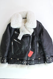 The Arrivals Womens Moya Leather & Shearling Trim Jacket XS Black White