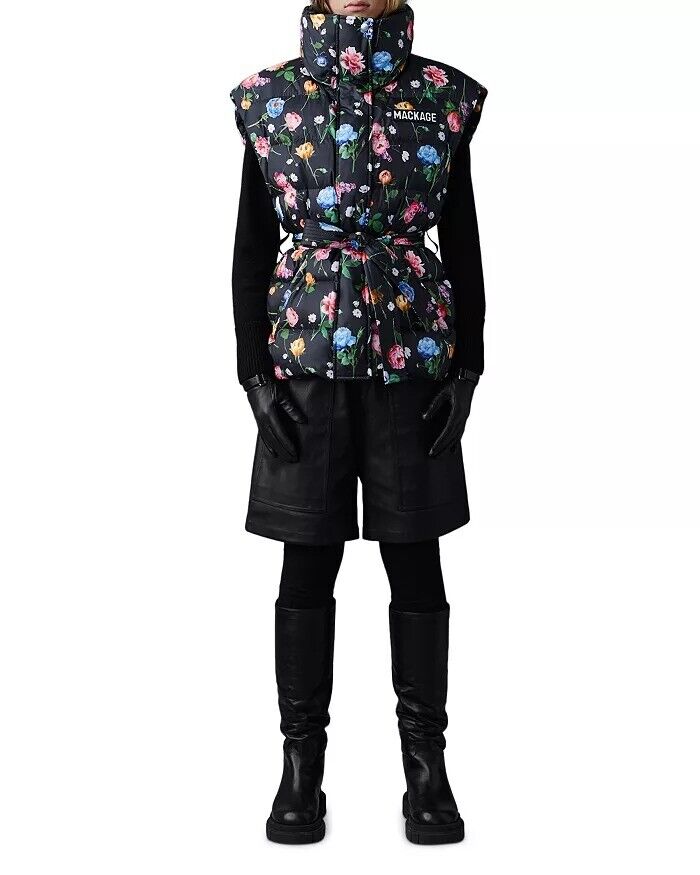 Mackage Womens Zerina Floral Print Down Vest Medium Black