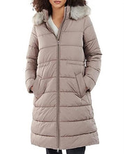 Barbour Womens Francesca Faux Fur Trim Hooded Puffer Coat UK 8 US 4 Tan